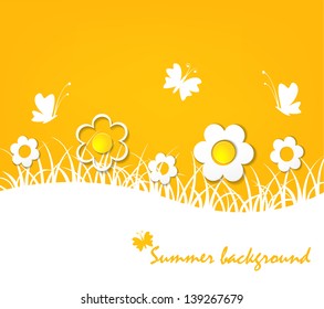 the concept of summer - a bright yellow background with flowers and butterflies