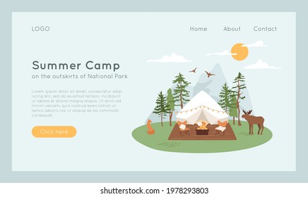 Concept of summer camp, glamping in forest. Bell tent with terrace, fire pit and lounge chairs. Wild animals fox and moose walking in parkland. Vacation, weekend recreation banner. Luxury patio