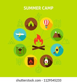 Concept Summer Camp. Vector Illustration of Camping Infographics Circle with Flat Icons.
