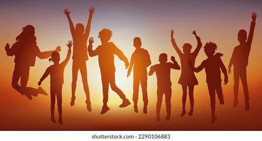 Concept of summer camps, with a group of children jumping in the air, to express their joy.