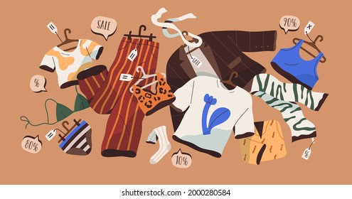 Concept Of Summer Clothes Discounts. Season Big Sale Of Women Fashion Garments. Special Off-price Offer For Stock Apparel With Promo Tags. Colored Flat Vector Illustration