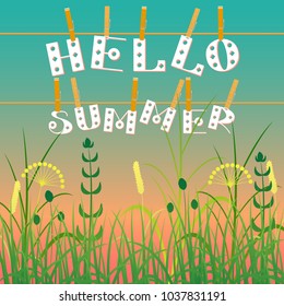 Concept Summer. Evening sky, field grass. Letters on clothespins on a rope. Text - Hello summer