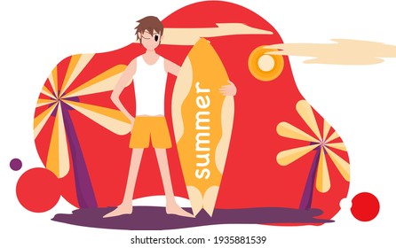 Concept summer, happy holidays. boy standing with a surfboard and summer-style background.  Vector illustration for content vacation, summer, travel, sea beach,  sea, relaxation lifestyle, happiness 