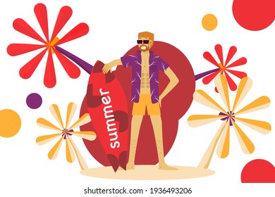 Concept summer, happy holidays. boy standing with a surfboard and a summer-style background. Vector illustration for content vacation, summer, travel, sea beach, relaxation lifestyle, happiness 