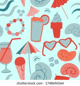 COncept of summer happy relaxed seamless pattern with coctails, umbrellas, sea shells, ice cream abd sun glasses. Tropical Stock flat vector illustration. For menu, ad or wallpaper, wrapping paper.