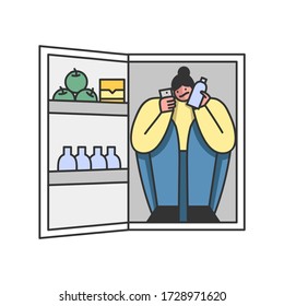Concept Of Summer Hot Period Of Time. Sweltering In Heat Female Character Has Climbed Into Fridge, To Get A Little Bit Cool Of Heat In Hot Summer Day. Cartoon Linear Outline Flat Vector Illustration