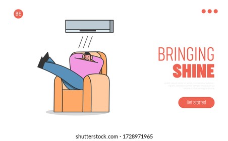 Concept Of Summer Hot Period Of Time. Website Landing Page. Satisfied Man Sitting Indoor Use Air Conditioner, And Enjoying Of Cool Breeze. Web Page Cartoon Linear Outline Flat Vector Illustration