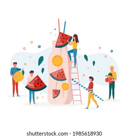 Concept for summer party, people drink and prepare watermelon juice in bottle with fruits and lemon. Vegan fruit and healthy detox cocktails. drinks, vitamin ice shakes for  bar. Vector trendy