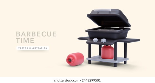 Concepto de picnic de fiesta de verano con parrilla de barbacoa realista 3d aislada en fondo claro. Ilustración vectorial