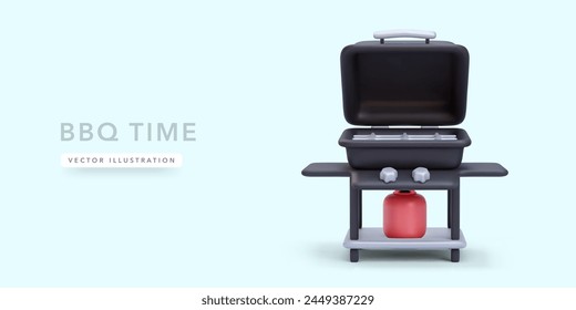 Concept of summer party picnic with 3d realistic bbq grill isolated on light background. Vector illustration