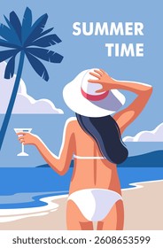 Concept of summer party, vacation and travel. Woman enjoying summer by the beach with a drink while wearing a stylish sun hat and a bikini. Vector illustration for posters, cover art, flyer.