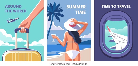 Concept of summer party, vacation and travel. Perfect backgrounds on the theme of season vacation, weekend on beach. Vector illustrations in minimalistic style for posters, cover art, flyer