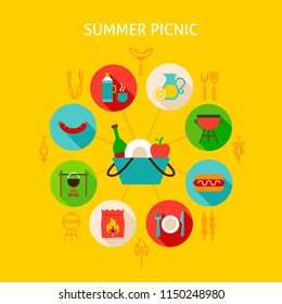Concept Summer Picnic. Vector Illustration of Infographics Circle with Flat Icons.