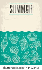 Concept of summer poster with sea shell, coral, crab and shrimp with empty paper for message. Vector engraving vintage illustrations. Isolated on white background.