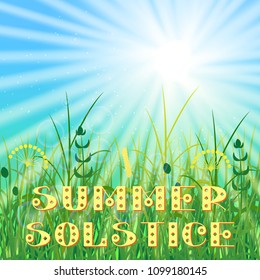 Concept Summer Solstice. Sky, blur, field grass, sun, the lights of a sun. Rest vacation, in nature, in forest, on a country house in countryside. Lettering