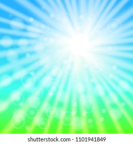 Concept Summer Solstice. Sky, blur, sun, the lights of a sun. Rest vacation, in nature, in forest, on a country house in countryside. 21 June