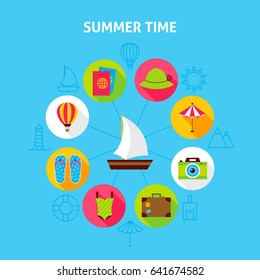 Concept Summer Time. Vector Illustration of Sea Holiday Infographics Circle with Flat Icons.