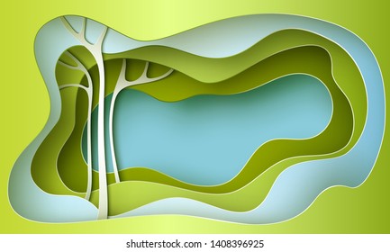 Concept summer tree on green wave shape background with place for text space. Paper art design. paper cut and craft style vector, illustration.