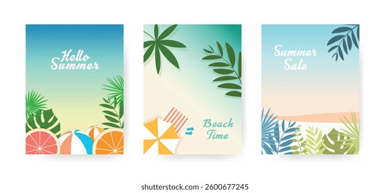 concept of summer tropical beach vector illustration template for poster, cover art, card, flyer, banner. summer holidays.