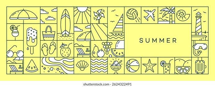 Conceito de layout de fundo de férias de verão, modelo de história, cartão, cartaz, faixa, capa. Ilustração vetorial em estilo de linha minimalista.
