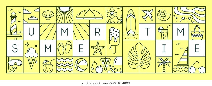 Concept of summer vacation background layout, story template, card, poster, banner, cover. Vector illustration in minimalistic line style.