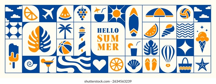 Concept of summer vacation background layout, story template, card, poster, banner, cover. Vector illustration in minimalistic style.