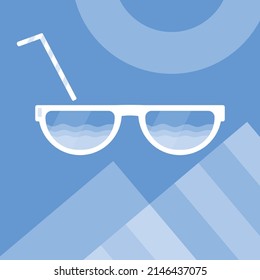 concept of summer vacation; beach towels and safety ring; sunglasses with cocktail straw; sea waves reflected in lens; created in flat vector on a light blue background