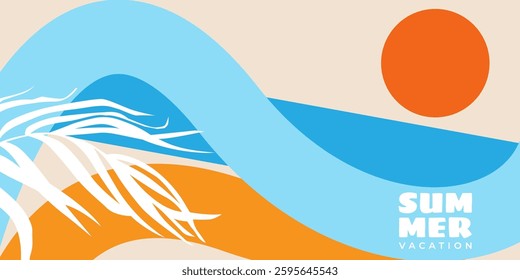 Concept of summer vacation bright background, banner or poster in minimal style for corporate identity, branding, social media ads, promo. Modern design template in trendy geometric style