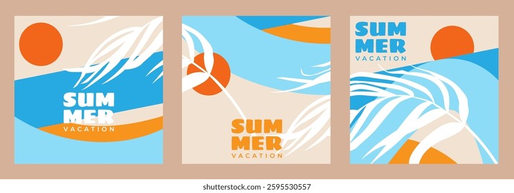 Concept of summer vacation bright cover set, card or poster in minimal style collection for corporate identity, branding, social media ads, promo. Modern design template in trendy geometric style
