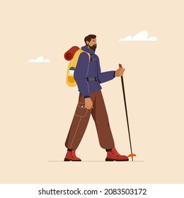 Concept of summer vacation, hiking, tourism, outdoor activities. Vector illustration of a young man doing nordic walking or trekking with backpack