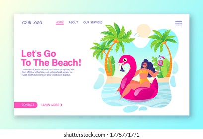Concepto de vacaciones de verano en la playa para el aterrizaje. Chica elegante con gafas y sombrero de playa en anillo de goma en forma de flamingo rosa. En medio de la playa con palmeras.