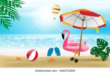 Concept of summer vacation time.The view of beach with flamingo lifebuoy on the sea. Vector illustration design. Used for sale and price discount background.
