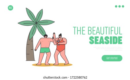 Concept Of Summer Vacations On Seaside. Website Landing Page. Cheerful Man And Woman Copuple In Swimwear Having Fun On The Ocean Coast. Web Page Cartoon Linear Outline Flat Style. Vector Illustration