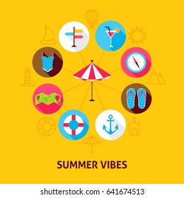 Concept Summer Vibes. Vector Illustration of Sea Holiday Infographics Circle with Flat Icons.