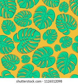 Concept of summer wrapping paper with tropical leaves. Vector.