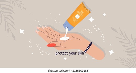 El concepto de protección solar.  Una pancarta con protector solar en el brazo. Proteja su piel. Ilustración moderna para imprimir y web.