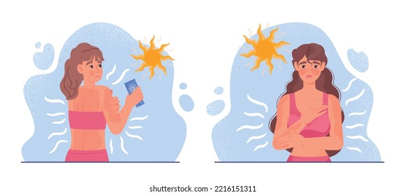 Concepto de quemadura solar. La mujer frota el cuerpo con crema para salvar su piel de la exposición a la luz solar y a la radiación ultravioleta. Símbolo de la temporada de verano y del clima cálido. Turista en la playa. Dibujo vectorial plano de dibujos animados