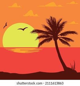 The concept of a sunset background with a very beautiful seaside illustration