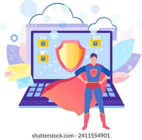 Concepto de superhéroe pequeño personaje antivirus, tecnología digital portátil personal, proteger la ilustración vectorial de caricatura de información, aislado en blanco. Datos privados en línea, sociedad con problemas modernos.