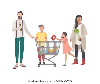 Concept  for supermarket or shop. Happy family, people with shopping cart. Colorful flat vector illustration.