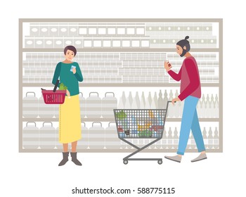 Concept  for supermarket or shop. People with shopping cart choose products near the rack. Shoppers girl and guy with food, purchases. Colorful flat vector illustration. 