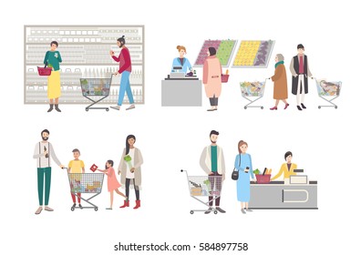 Concept  for supermarket or shop. Set with buyers characters at the cash register, near the racks, weighed goods, people with shopping cart. Collection vector illustration.