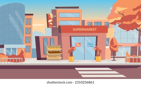 Concept Supermarket street. A flat, cartoon-style design of a supermarket street on a white background. Vector illustration.