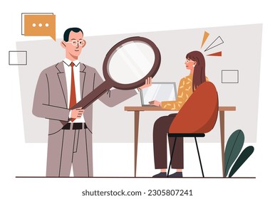 Concept of supervision. Man with magnifying glass evaluates employee or employee. Organization of effective workflow, ranking and rating, KPI. Cartoon flat vector illustration