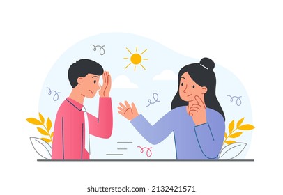 Concept of support. Girl encouraged by guy, support from friends and family. Psychology and mental problems, depression and disorders. Emotional burnout metaphor. Cartoon flat vector illustration