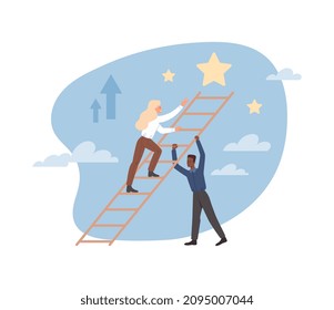 Concept of support. Man holds ladder for girl. Motivation and mutual assistance. Company development, leadership. Colleagues and employees. People shoot for stars. Cartoon flat vector illustration