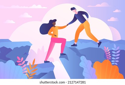 Concept of support. Man on edge of abyss extends his hand to girl, leadership and mutual assistance. Good relations in team, colleagues and employees, climbers. Cartoon flat vector illustration