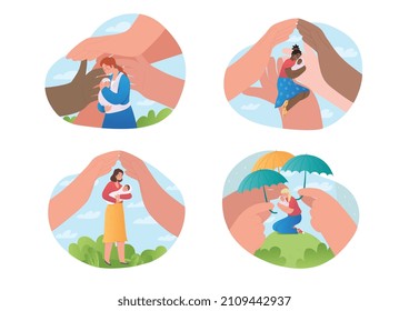 Concept of support and protection of single mothers with babies. Hands surround women with newborn children and help them cope with difficulties. Cartoon flat vector set isolated on white background