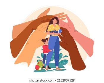 Concept Of Support And Protection Single Mothers With Babies. Diverse Hands Helping Young Mother And Family Or Society For Mothers With Children. Motherhood Support Vector Illustration.