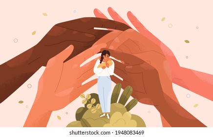 Concept of support and protection of young single mothers with babies. Help hands and assistance of family and society for moms with children. Happy safe motherhood. Colored flat vector illustration